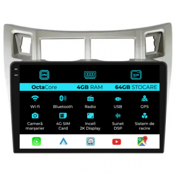 Navigatie Dedicata Toyota Yaris (2005-2011), 2K, 4Gb Ram, 64Gb Stocare, Carplay