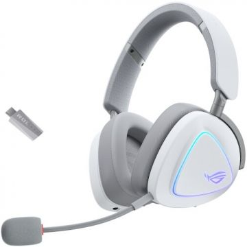 Asus Casti Gaming Wireless ASUS ROG DELTA II, Jack 3.5 mm, Bluetooth, Wi-Fi 2.4 GHz, Autonomie 100 ore, Iluminare RGB, Alb
