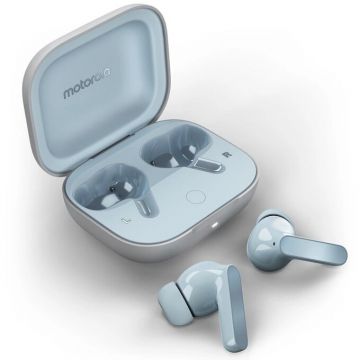 Motorola Casti In-Ear Motorola XT2443-1-GB, Moto Buds, True Wireless, Bluetooth, Dolby Atmos, ANC, Albastru deschis