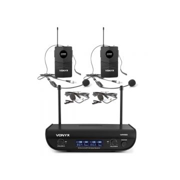 Set 2 microfoane lavaliera si 2 microfoane cu casca wireless UHF, transmitator cu afisaj, iesiri Jack 6.3mm, XLR, baterii 2x AA 3V, Vonyx WM82B