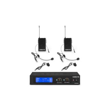 Set 2 microfoane si lavaliera VHF, 2 canale,  jack 6.3mm, baterii 2x AA, carcasa plastic, Vonyx WM522B