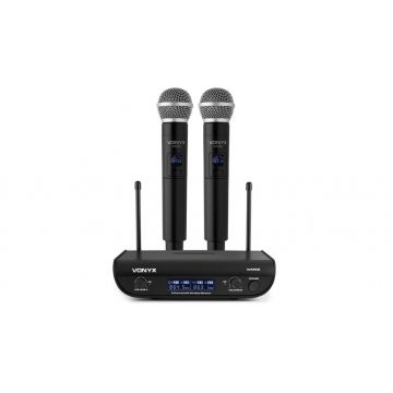 Set 2 microfoane wireless si receptor UHF, 2 canale, jack 6.35mm, Vonyx WM82