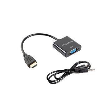 Adaptor cablu HDMI(M) la VGA(F) + Audio (MiniJack 3.5MM F), Lanberg 20cm, 1920x1200, contacte aurite, negru, AD-0017-BK