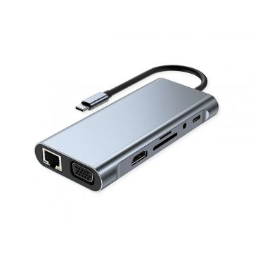 Docking station USB type C la HDMI 4K30Hz/VGA/Gigabit Ethernet/3x USB 3.2-A/1x USB 2.0-C/1x slot SD/1x Audio + PD, Value 12.99.1143