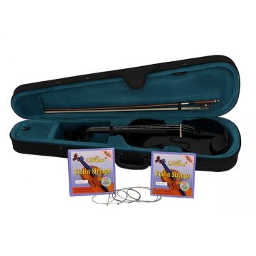 Set vioara clasica din lemn pentru copii 1 8 si doua seturi corzi, DEPOX , 43 cm, finisaj lucios negru