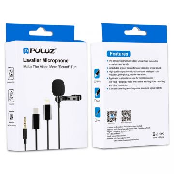 Microfon tip lavaliera PU3045 Puluz, Wired Condenser Recording, Jack 3.5 mm, Lungime 3m, Negru