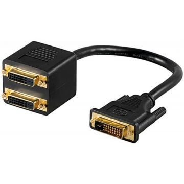 Adaptor DVI-D tata 2 x DVI-D mama Goobay, 24+1 pin, contacte aurite, Negru