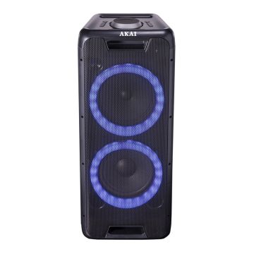 Boxa activa portabila DJ Akai, 100 W, Bluetooth 4.2, 2400 mAh, radio FM, lumini LED, acumulator, manere transport