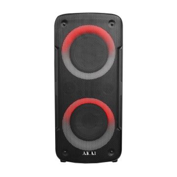 Boxa portabila activa Akai, 8 W, 2 x 6.5 inch, Bluetooth, USB, microSD, radio FM, intrare microfon, intrare chitara, lumini difuzor dinamice, afisaj LED, telecomanda inclusa