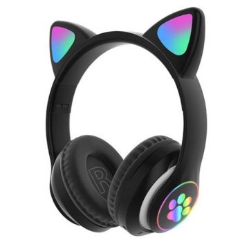Casti audio cu fir Cat Ear, difuzor 40 mm, 10 m, microfon, LED, urechi pisica, Negru
