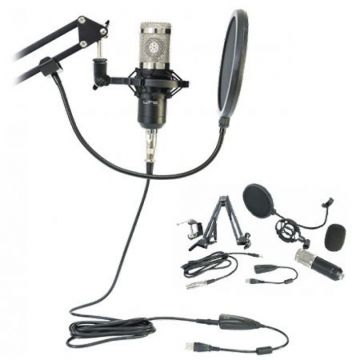 Microfon electret cu condensator pentru streaming/podcast, 5 V, 3 mA, USB, Negru