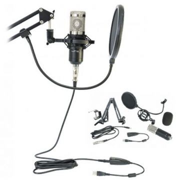 Microfon electret cu condensator pentru streaming/podcast, 5 V, 3 mA, USB, Negru Microfon electret cu condensator pentru streaming/podcast, 5 V, 3 mA, USB, Negru