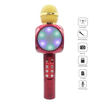 Microfon Karaoke Wster, 3 W x 4, 115 dB, 100 Hz - 10 kHz, Wireless, Bluetooth, functie selfie, Aux, Ant, USB, acumulator 1800 mAh, autonomie 8 ore, Rosu