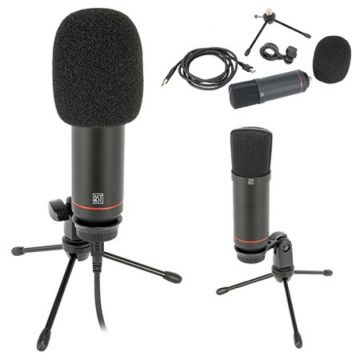 Microfon pentru streaming si podcast, USB, suport masa, dispozitiv antisoc, filtru antipop, accesorii incluse