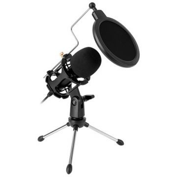 Microfon pentru studio Rebel, trepied si filtru, mufa USB, ideal pentru podcast-uri