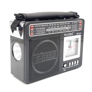 Radio AM/FM X-Bass, antena telescopica, acumulator, ceas LCD, MP3 player, 220 V, slot card SD, USB, difuzor, lanterna incorporata, AUX, Negru