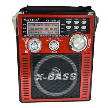 Radio AM/FM X-Bass Waxiba, Bluetooth, SW, AUX, antena, 220 V, MP3, Slot Card SD, USB, Rosu