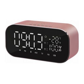 Radio cu ceas Akai, 2 x 3 W, radio FM, Bluetooth, 4.2, carcasa aluminiu, 1800 mAh, ecran tip oglinda, Golden Rose