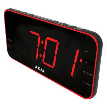 Radio cu ceas Akai, Aux-In, USB, 1 A Charger, afisaj LED, AM/FM, functie snooze/sleep, Negru