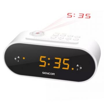 Radio cu ceas Sencor, 5 W, ecran LED 0.9 inch, 87.5 - 108 Mhz, dimmer, afisaj rosu, alarma duala, radio FM, buzzer, focalizare reglabila, Alb