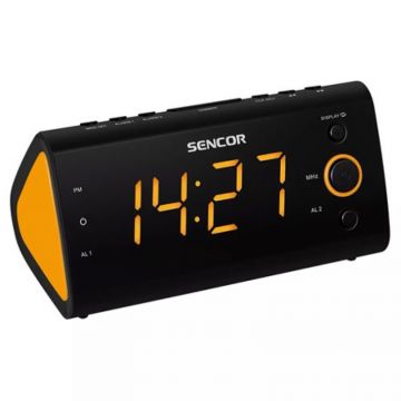 Radio cu ceas Sencor, ecran LED 1.2 inch, Radio FM, alarma dubla, afisaj cu dimmer, temperatura, 230 V, Negru/Portocaliu