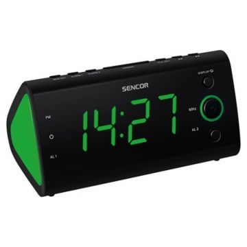 Radio cu ceas Sencor, ecran LED 1.2 inch, Radio FM, alarma dubla, afisaj cu dimmer, temperatura, 230 V, Negru/Verde