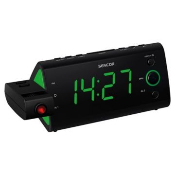 Radio cu ceas Sencor, ecran LED 1.2 inch, temperatura, alarma dubla, dimmer ecran, focalizare ajustabila, Negru/Verde