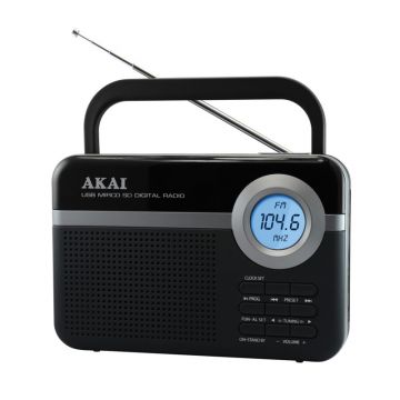 Radio digital FM portabil Akai, 0.8 W, USB, microSD, Aux in, antena FM telescopica, Negru