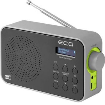 Radio ECG, 1.2 W, Tuner FM, Alarma, Memorie 30 de posturi, Antena telescopica, Cablu USB Type C, Gri/Verde