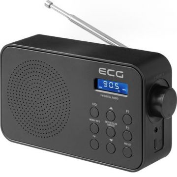 Radio ECG, 1.2 W, Tuner FM, Alarma, Memorie 30 de posturi, Antena telescopica, Cablu USB Type C, Negru