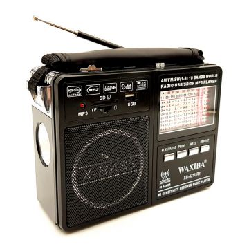 Radio FM/AM X-Bass, SW, AUX, antena, difuzor, lanterna incorporata, acumulator reincarcabil, mp3 player, slot Card SD, USB, Negru