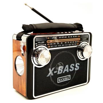 Radio FM/AM X-Bass Waxiba, SW, AUX, antena, lanterna, acumulator reincarcabil, MP3, USB, slot card SD, Negru/Maro