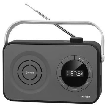 Radio FM portabil Sencor, Bluetooth 4.0, 1.2 W RMS, difuzor 3 inch, USB, jack 3.5 mm, frecventa 87.5 - 108 Mhz, buzzer, slot Micro SD, antena telescopica, suprafata cauciucata, Gri