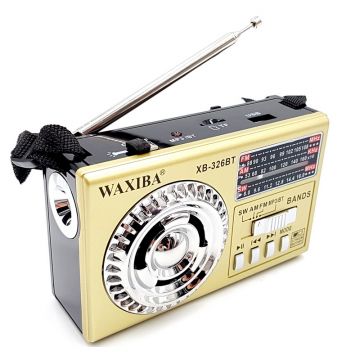 Radio FM/SW X-Bass Waxiba, Bluetooth, slot card TF, USB, MP3, antena telescopica, comutator banda, acumulator reincarcabil, lanterna, Galben
