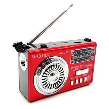 Radio FM/SW X-Bass Waxiba, Bluetooth, slot card TF, USB, MP3, antena telescopica, comutator banda, acumulator reincarcabil, lanterna, Rosu