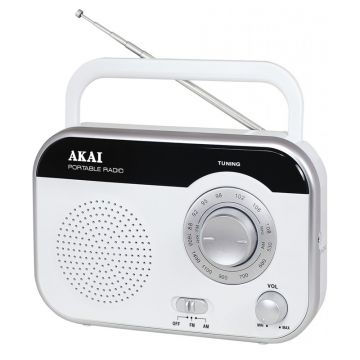 Radio portabil Akai, 1 W RMS, jack casti, adaptor inclus, antena FM, Alb
