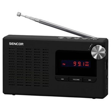 Radio portabil Sencor, 1.2 W RMS, difuzor 1.75 inch, slot Micro SD, USB, jack 3.5 mm, temporizator, control volum rotativ, antena telescopica, Li-Ion 800 mAh, Negru