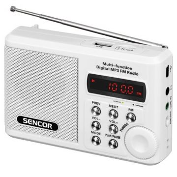 Radio portabil Sencor, 2 W RMS, FM 88 - 108 Mhz, USB, antena telescopica, slot Micro SD, jack 3.5 mm, acumulator, Alb