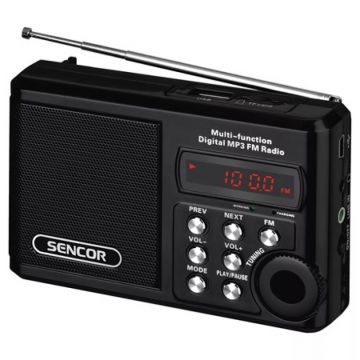 Radio portabil Sencor, 2 W RMS, FM 88 - 108 Mhz, USB, antena telescopica, slot Micro SD, jack 3.5 mm, acumulator, Negru