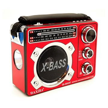 Radio X-bass, 3 benzi, difuzor, 230 V, acumulator reincarcabil, lanterna incorporata, antena, slot Card SD, USB, AUX, Rosu/Negru