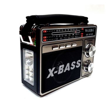 Radio X-Bass Waxiba, antena, AUX, AM, FM, SW, lanterna incorporata, 220 V, MP3 Player, slot card SD, USB, Negru