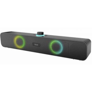 Soundbar Well, 30 W, difuzor 3 inch, 260 Hz - 18 kHz, 45 dB, 5 V, Bluetooth, iluminare RGB, acumulator 1200 mAh, Negru