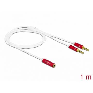 Adaptor Jack 3.5 mm la 2 x Jack Stereo pentru casca + microfon M-T (CTIA pin assignment) 1m Alb, Delock 66524 Adaptor Jack 3.5 mm la 2 x Jack Stereo pentru casca + microfon M-T (CTIA pin assignment) 1m Alb, Delock 66524