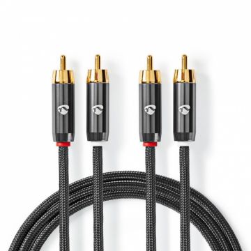 Cablu audio 2 x RCA la 2 x RCA T-T 1m brodat, Nedis CATB24200GY10