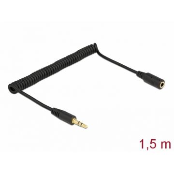 Cablu prelungitor jack stereo 3.5mm 3 pini T-M spiralat 1.5m Negru, Delock 86768