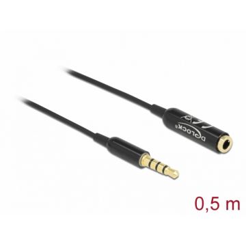 Cablu prelungitor Ultra Slim jack stereo 3.5mm 4 pini T-M 0.5m Negru, Delock 66074