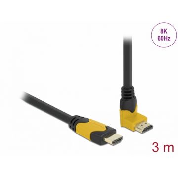 Cablu Ultra High Speed HDMI 8K60Hz/4K240Hz drept/unghi 90 grade sus T-T 3m Negru/Galben, Delock 86990