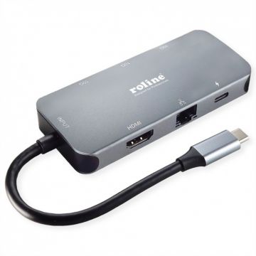 Docking station USB 3.2 Gen2 Type C la HDMI 4K30Hz/2x USB 3.2-A/1x USB Type C PD 100W/Gigabit LAN, Roline 12.02.1121