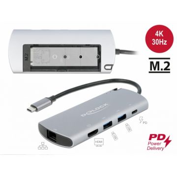 Docking station USB-C la 4K HDMI / USB / LAN / PD 3.0 + M.2 SATA SSD, Delock 87767